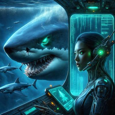 The primary subject of the image is a woman sitting in a futuristic control room, surrounded by various electronic devices. She is wearing a futuristic outfit and appears to be operating the controls of a spaceship. The setting is a space station, with a large shark visible in the background. The visual style is a digital art, creating a futuristic and high-tech atmosphere. The colors are predominantly blue and green, with the blue shark and green electronic devices adding to the futuristic theme.